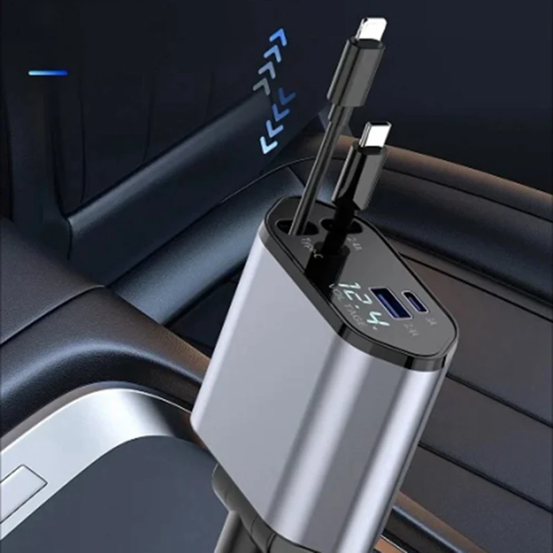 Car Retractable Car Charger 2 USB Ports Support 120W Super Fast Charge Flash Charge 4-In-1 Cigarette Lighter