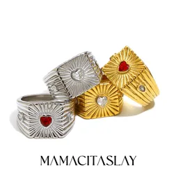 MamacitaSlay 316L Stainless Steel Heart Zircon Wide Ring Anniversary Waterproof Jewelry Women's 18K Gold Plated Ring Gifts