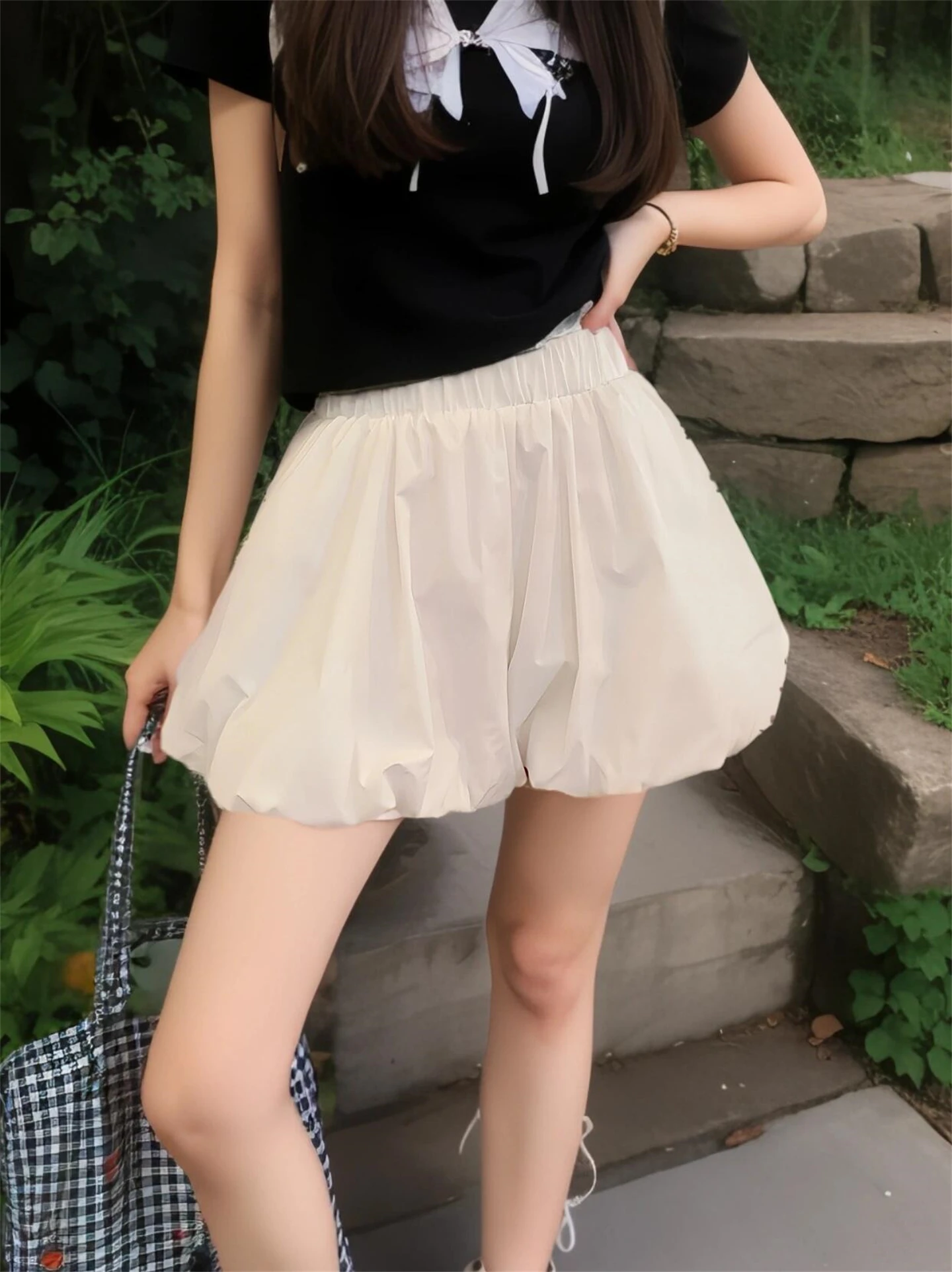 High Waist A-Line Bouffant Skirt Women's White Flower Bud Pants Autumn New Style Breathable Skin-Friendly Anti-Light Short Skirt