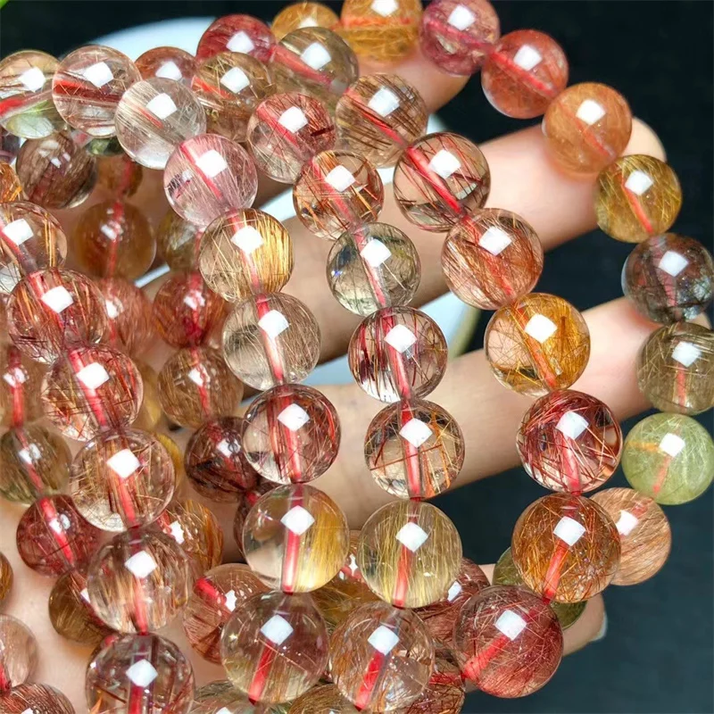 Natural Colored Rutilated Quartz Bracelet Gemstone Round Bead Crystal Healing Gemstone Bracelet Jewelry Gift 1PCS 10/12MM