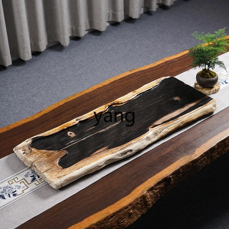 LTT. black and white texture wood fossil tea table invisible drain plate surface clever color carving small lotus pod tea table
