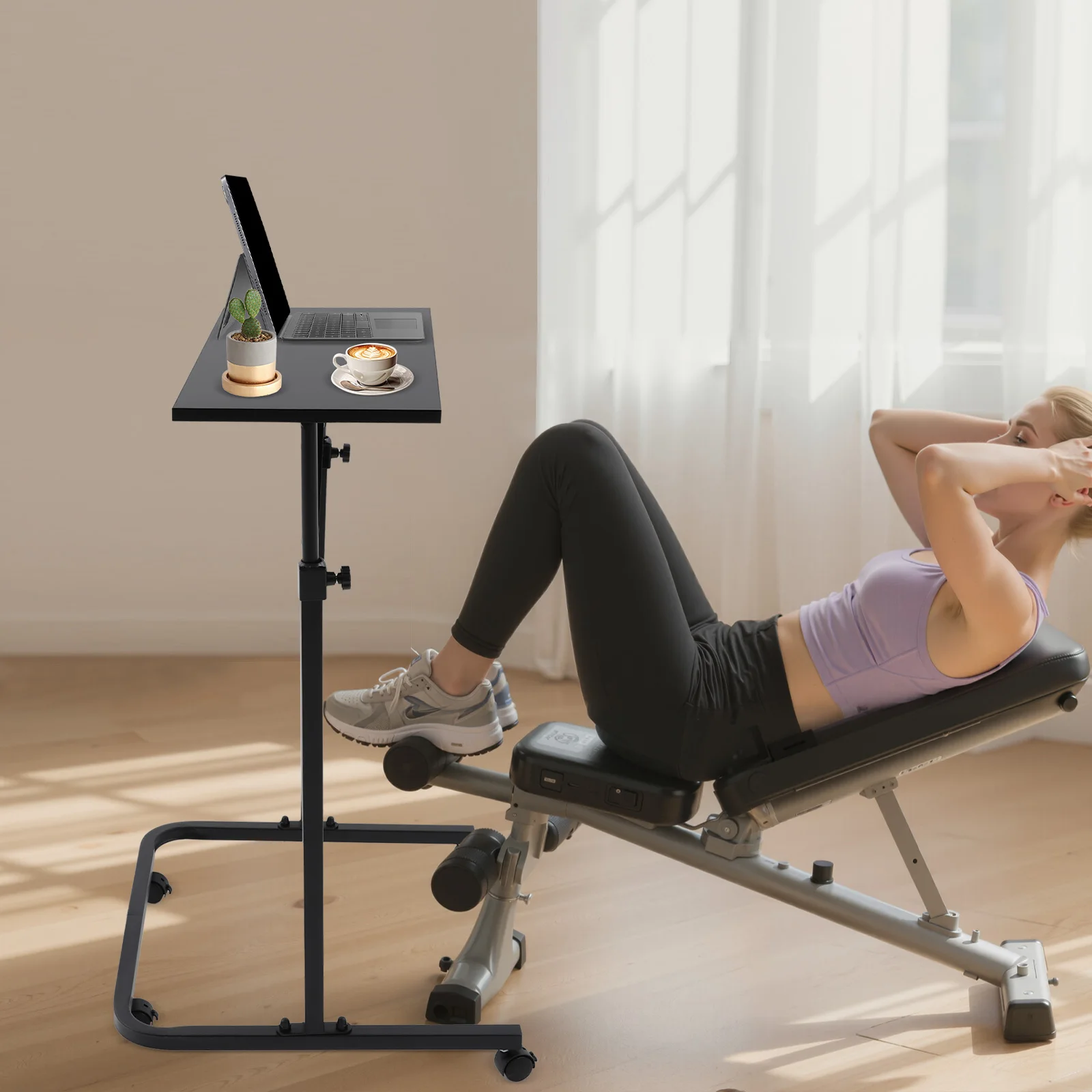 60x30cm Höhenverstellbare Mobile Arbeitsstation, U-förmiger Fitness-Schreibtisch mit Rollen für Heimbüro Fitnessstudio Stehpult (Schwarz) – Detail 4