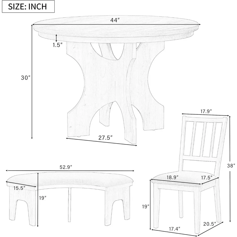 5-Piece Dining Table Set for 4, Round Kitchen Table with Curved Bench & 3 Chairs, Retro Dining Room Set