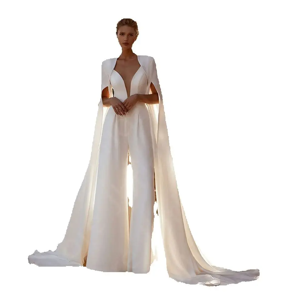Últimos vestidos de novia personalizados de dos piezas, traje con pantalones blancos, vestidos de novia, mono, vestido de novia con capa, vestidos de boda con espalda