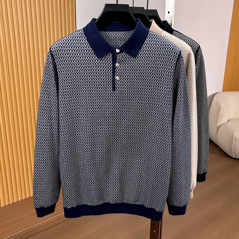100% pure cotton high-end men's sweater fashion checkered printing design comfort lapel luxurious new casual knitted pullover