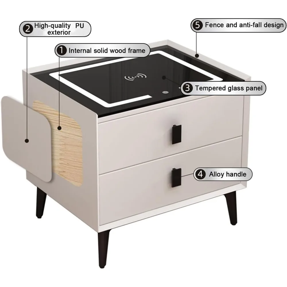 Comodino con ricarica intelligente con luci a LED, tavolino moderno per divani per camere da letto in 3 colori