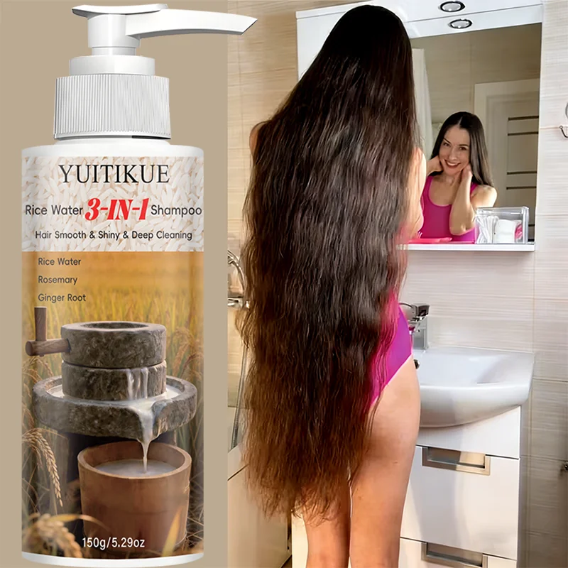Champú 3 en 1 con Agua de Arroz YUITIKUE | Con Romero y Raíz de Jengibre | Para un Cabello Suave y Brillante y una Limpieza Profunda 150g