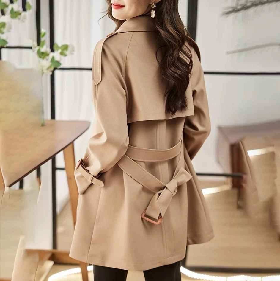 Women Beige Contrast Brown Piping Mid Length Trench Coat Double Breasted Belted Lapel Epaulet Windproof Elegant Office Outerwear
