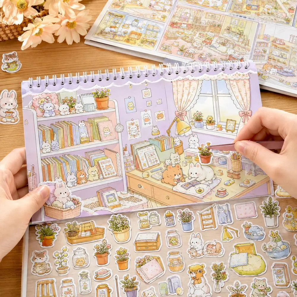 Self Adhesive Scene Building Sticker Book Printed Scenes Cute Cartoon Style Paper Sticker Book Colorful Illustrations