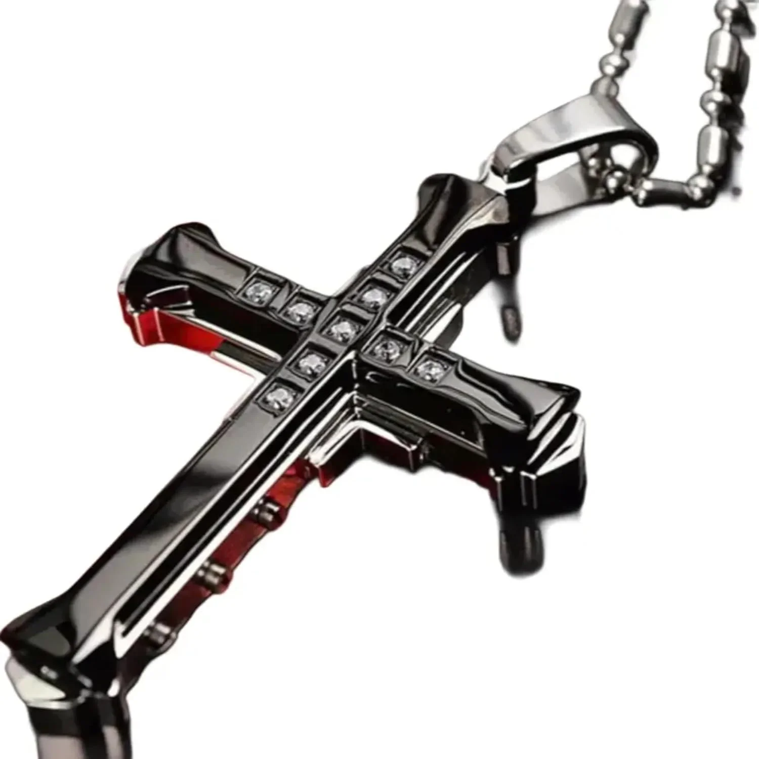 رجل مثلج خارج كريستال الصليب يسوع قلادة قلادة أسود/أزرق زركونيا الشرير الخيزران سلسلة مطلي مجوهرات الدينية هدايا للرجال #2