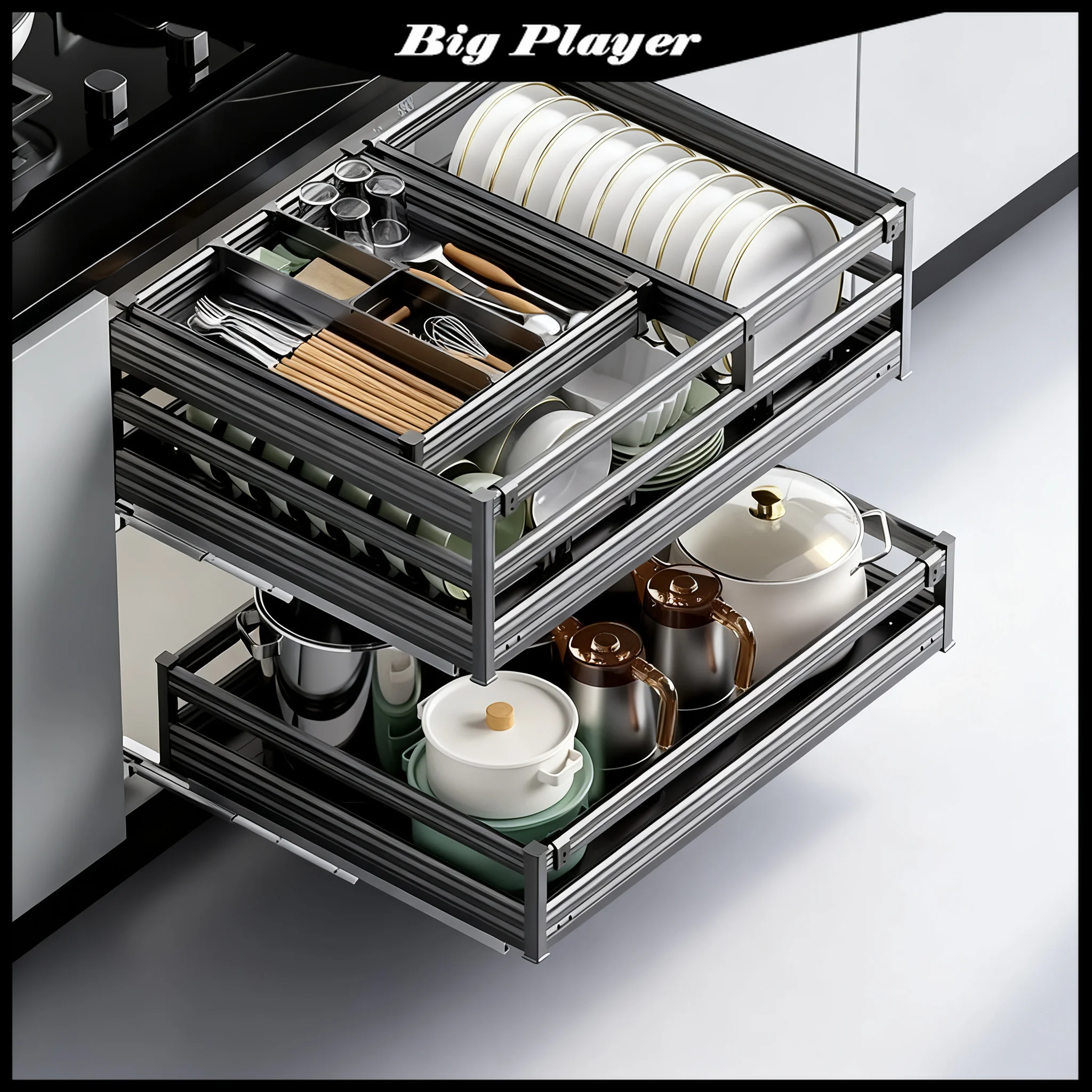 3-Tier Pull Out Drawer Basket, Thickened Kitchen Cabinet Organizer for Bowls Plates and Seasoning Storage