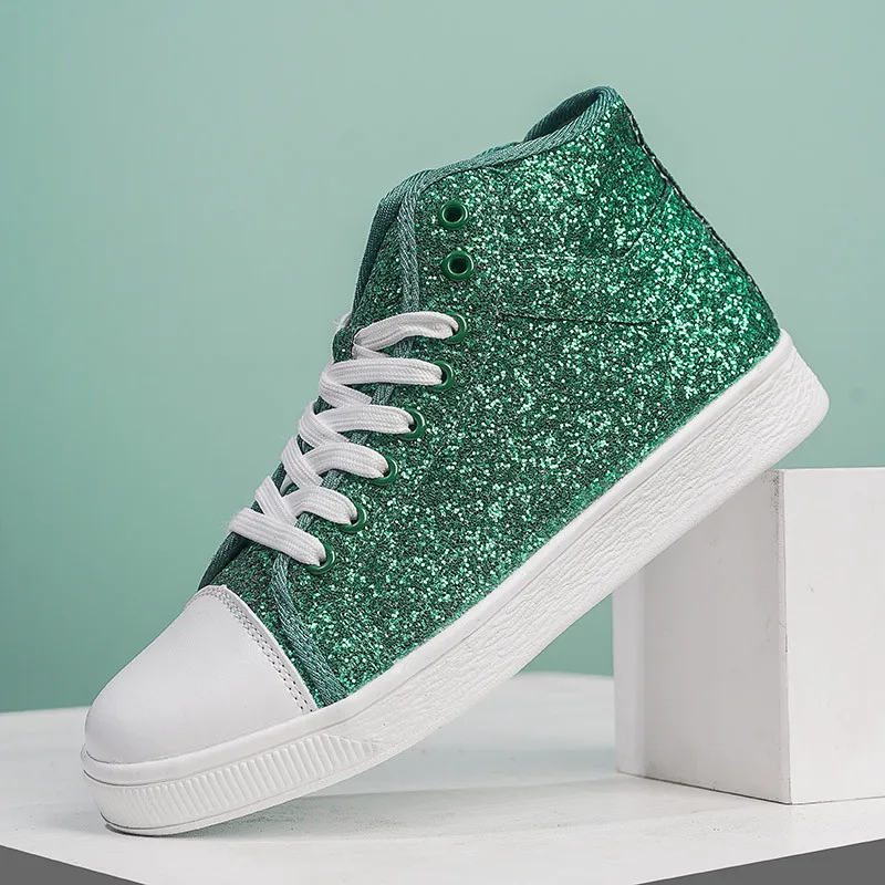 

Fashion Green Women's Sequined Shoes Comfortable Platform Casual Sneakers Women High Shiny Shoes Lace-Up Skateboards For Women