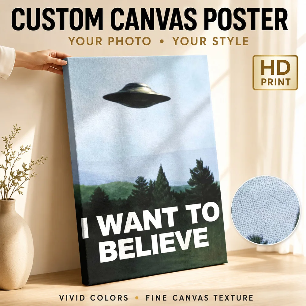 UFO Want To Believe Quote Canvas Print With Wooden Frame Personalized Photo Bold Statement Lettering Wall Art For Home Office