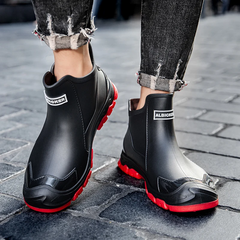 Fleece Lined Short Rain Boots Men's Work Fishing Waterproof Warm Shoes Lightweight Rubber Slip-On Boots Anti-Slip Large Size ...