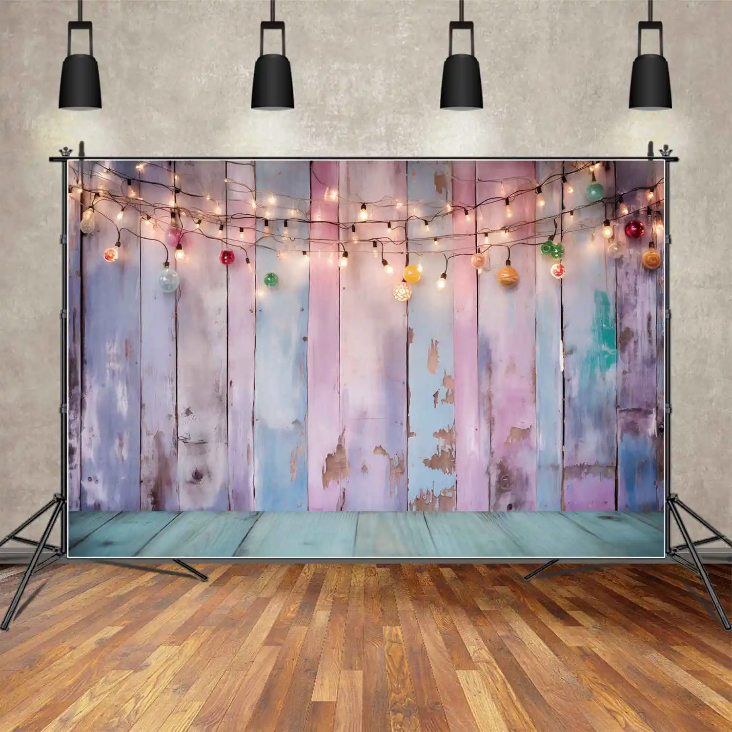 Maan. Qg Achtergrond Lampjes Roze Houten Bord Muur Blauwe Plank Vloer Fotografie Achtergrond Aangepaste Kinderfeest Fotocabine