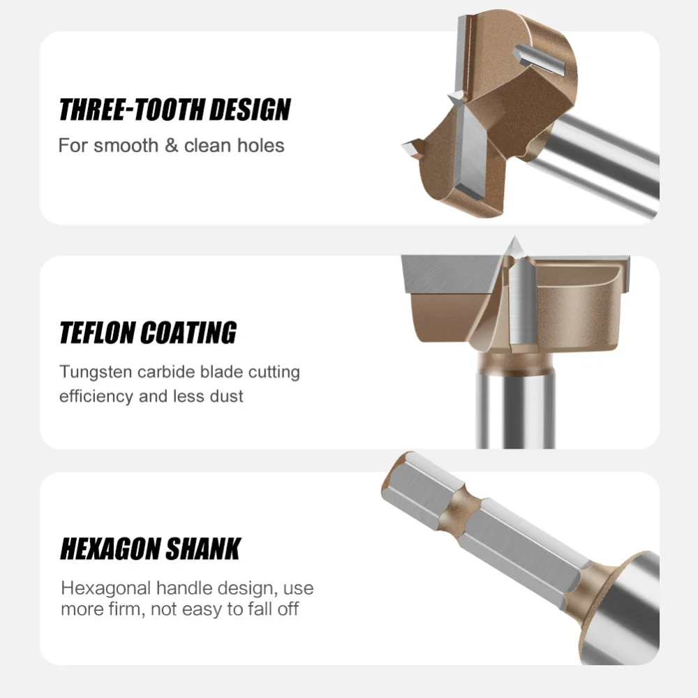 5-Piece 6.35mm Hex Shank Professional Woodworking Bit Set with Three-Teeth Double-Blade Alloy Drill Bits view 4