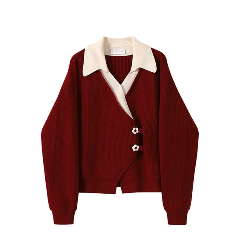 

Red Knitted Sweater Collar Design Winter New Year Fake Two-Piece Small Flower Button Top Warm Loose Fit Long Sve