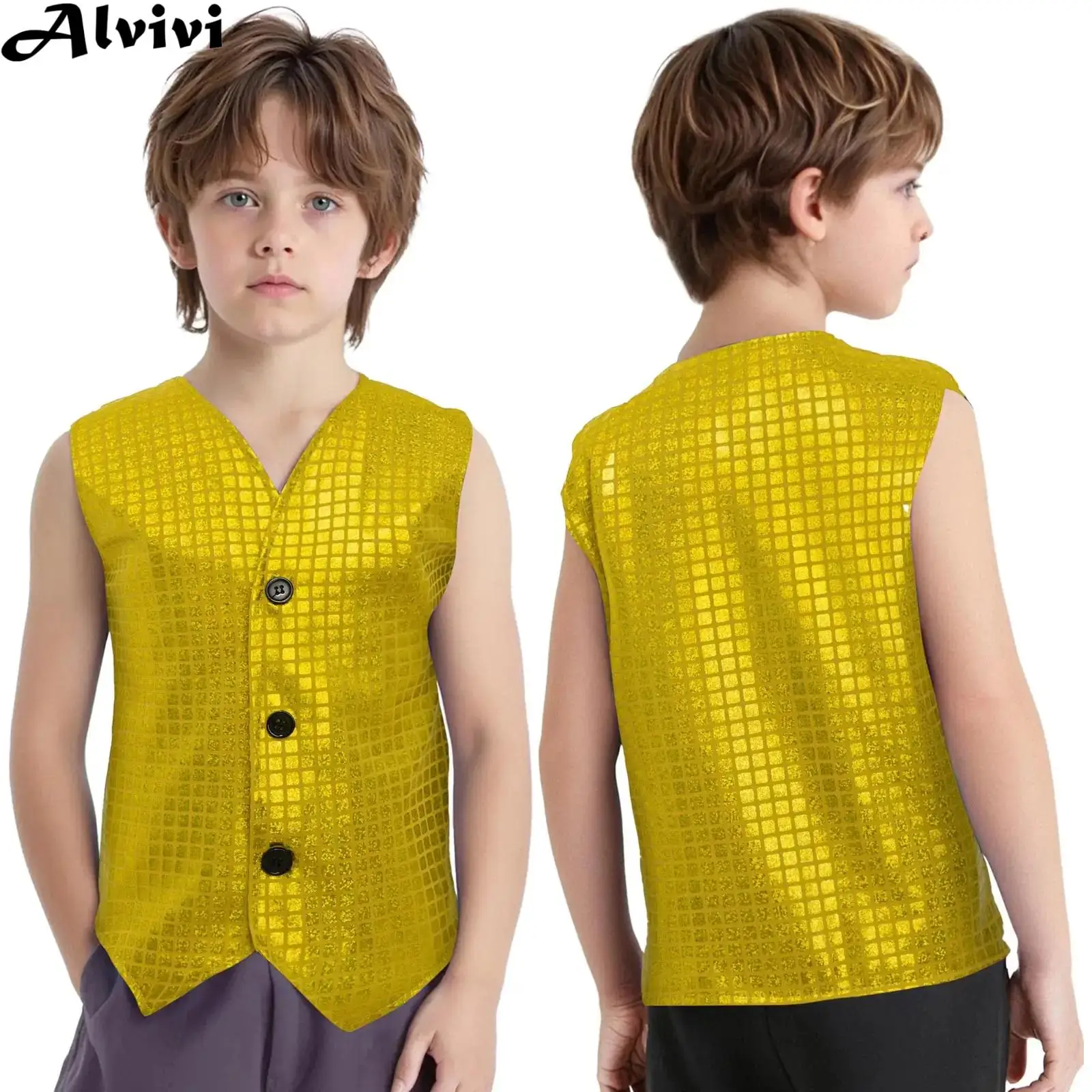 Boys Girls Hip Hop Jazz Dance Performance Clothes School Choir Vest Shiny Sequin Waistcoat Halloween Christmas Party Costume