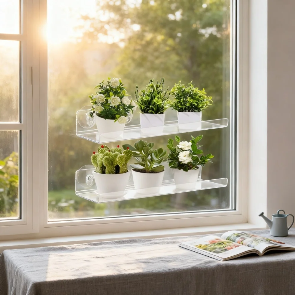2-Pack 12'' Acrylic Window Plant Shelves - Space-Saving Organizer For Home Acrylic Window Plant Shelf Efficient Space Use Window