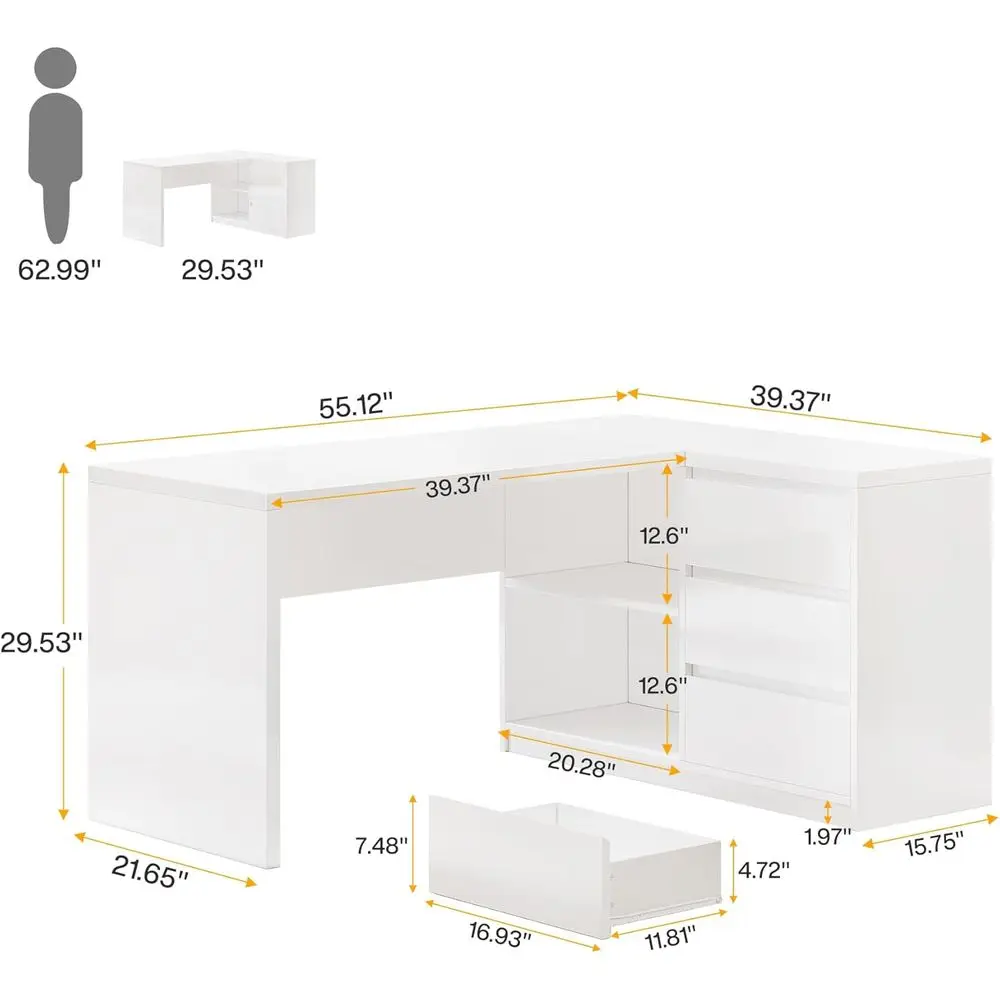 55 مكتب على شكل حرف L مضاء بإضاءة LED مع 3 أدراج ورفين للمكتب المنزلي أو الدراسة