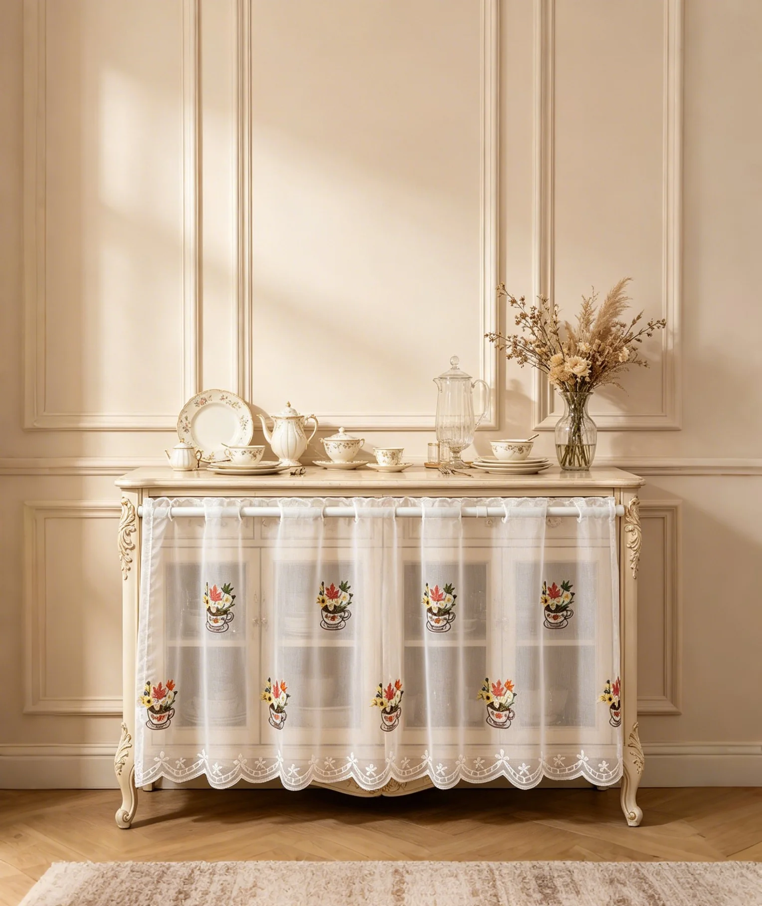 1PC White Embroidered Kitchen Tier Curtain, Vintage Floral Cup Pattern Short Curtain Panel With Decorative Lace Edge