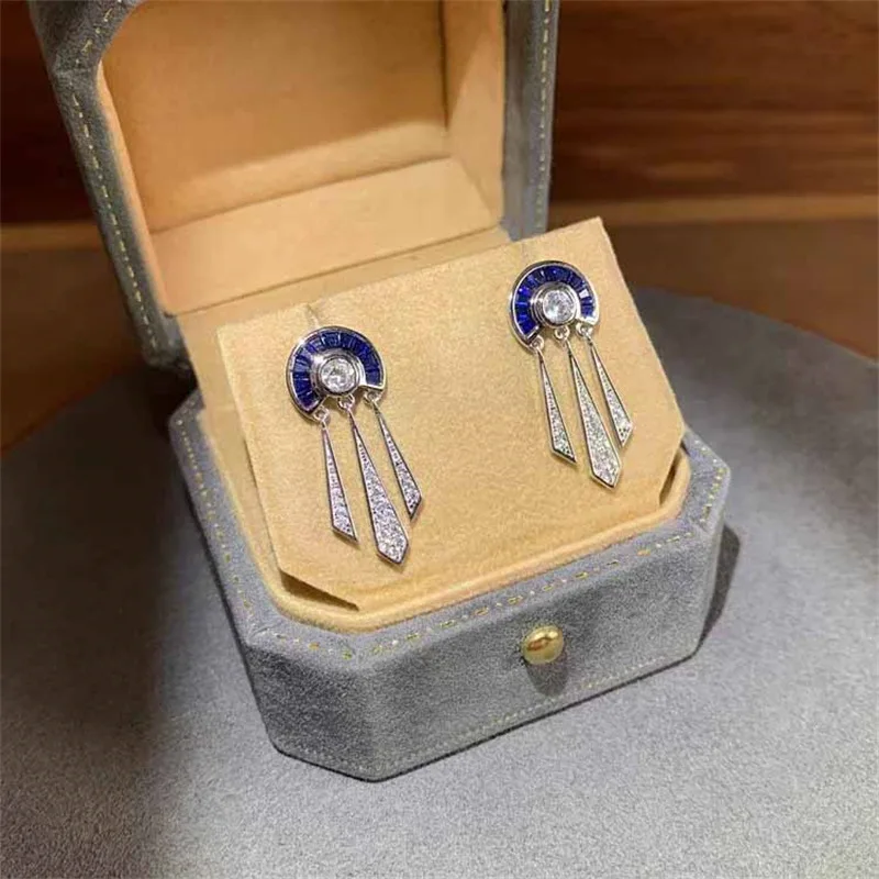 Elegant Vintage Women\'s Lab Sapphire Semicircle Tassels Zircon Drop Earrings 925 Silver Brilliant Anniversary Prom Fine Jewelry