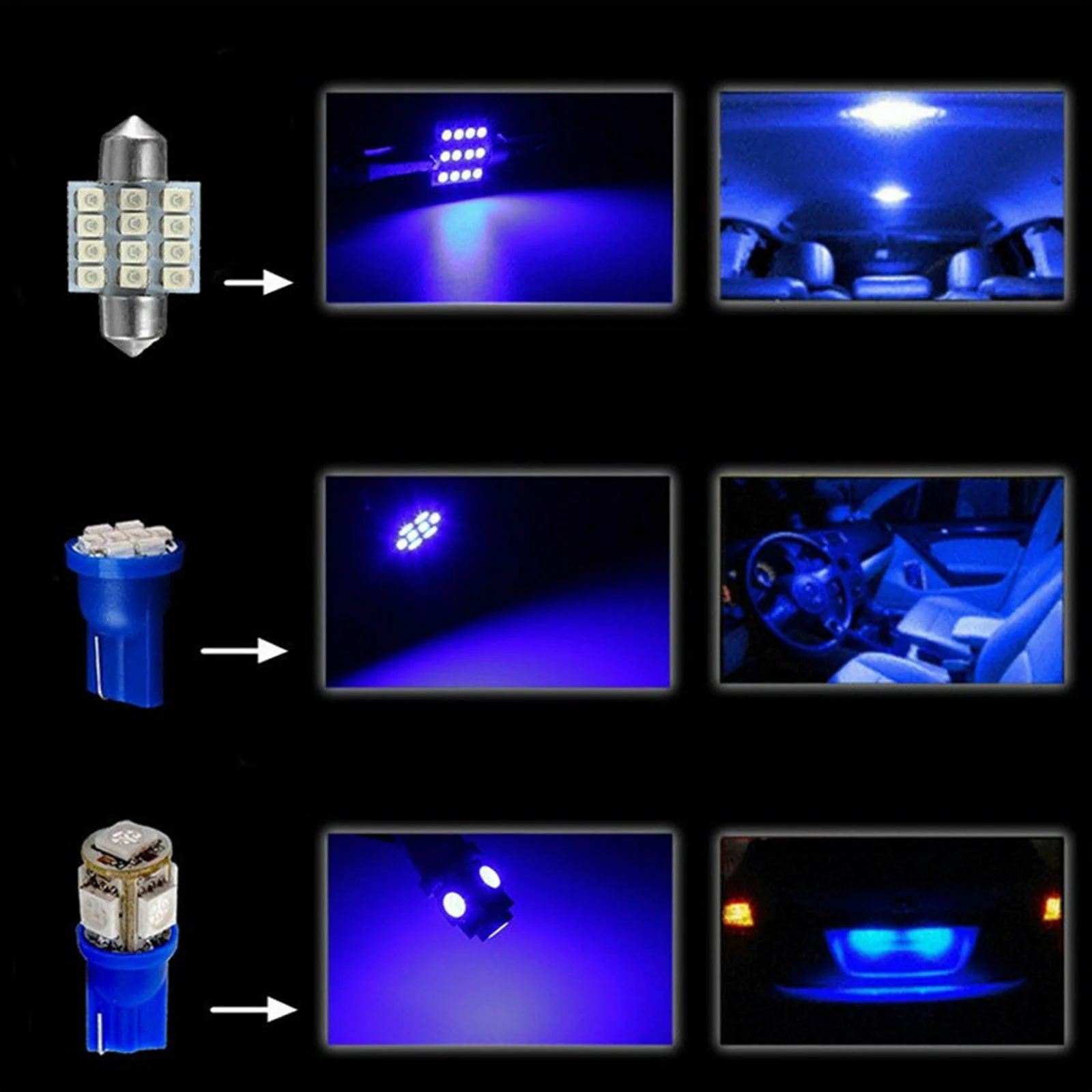 13Pcs Combo LED Lights Interior Kit Ice Blue T10 License Plate Bulbs Main in Car Light