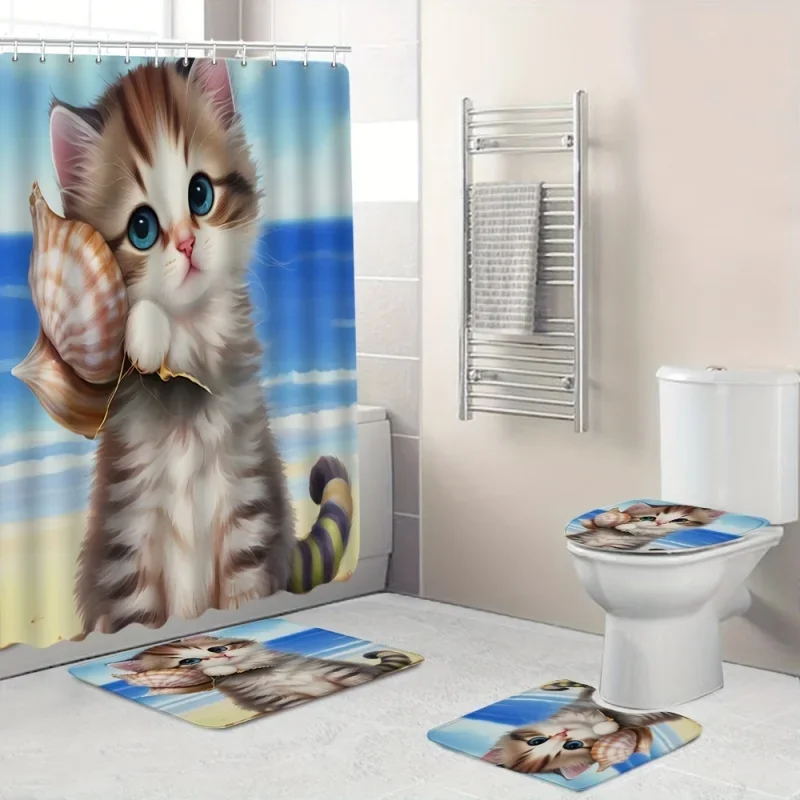 4PC Waterproof Cartoon Cat Shower Curtain with 12 Hooks and Non-Slip Absorbent Rug - Perfect Bathroom Decor and Organization