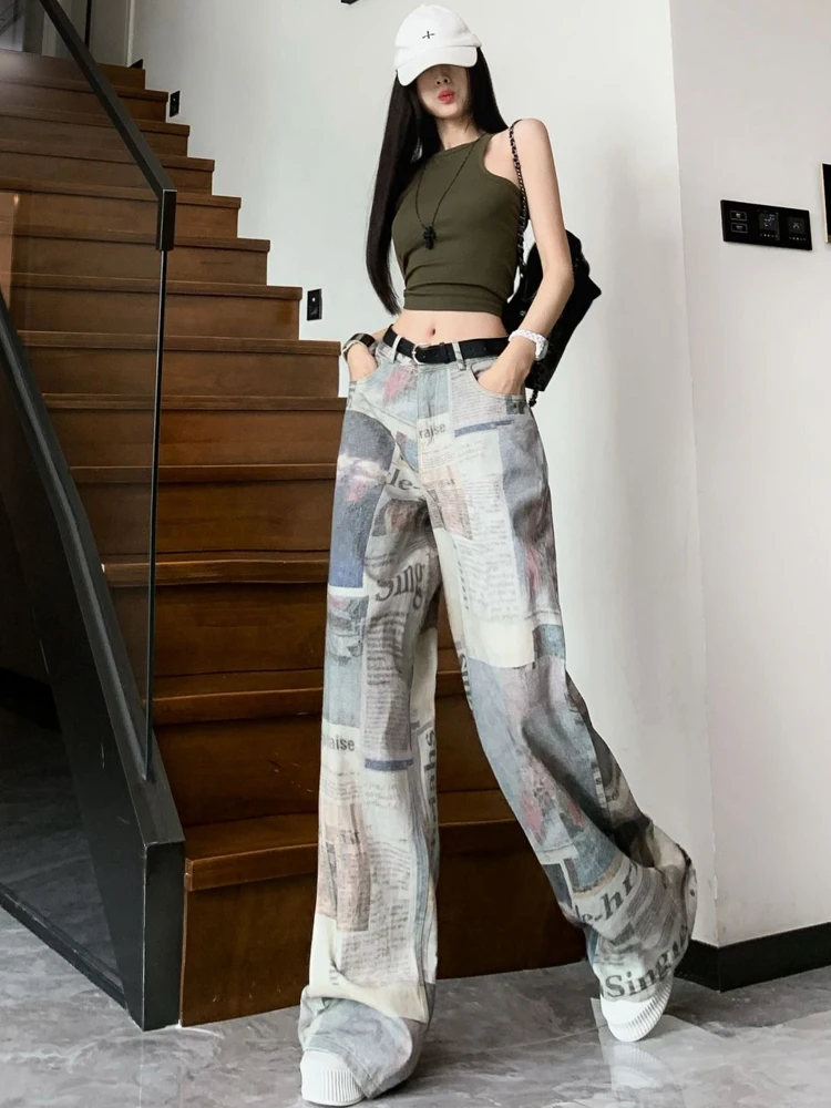 Celana jeans wanita model Amerika, potongan lebar, slim fit, pinggang tinggi, jatuh rapi, potongan lurus, panjang hingga lantai