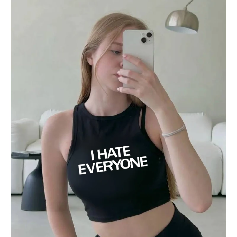 I Hate Everyone Y2k Crop Top Harajuku Women Letter Print T-Shirts Slim Fashion Vintage Tee Streetwear Aesthetic Clothes Sexy Top