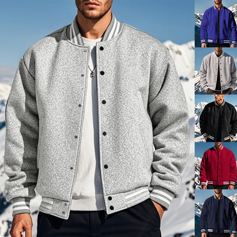 

Mens Autumn Winter Fleece American Vintage Baseball Jacket Loose Casual Stand Collar Single Breasted Coat