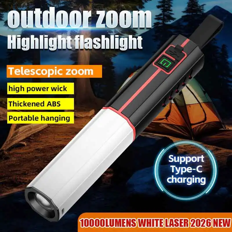 10000 Lumens Powerful Led Flashlight White Laser Built in Battery 3 Modes Camping TYPE-C Charger FlashLight Torch Lamp with Hook