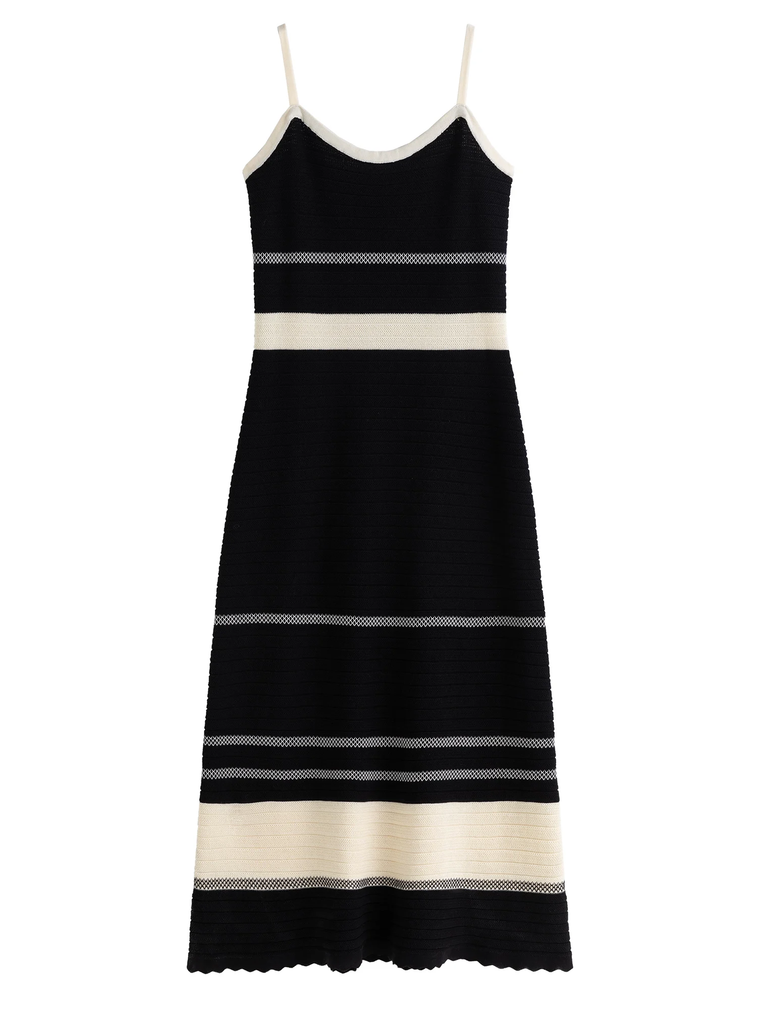 DUSHU Women Knitted Long Dresses Autumn Black Stripe Patchwork Slim Strappy Dress Office Lady Knit Sleeveless Dress 24DS83125