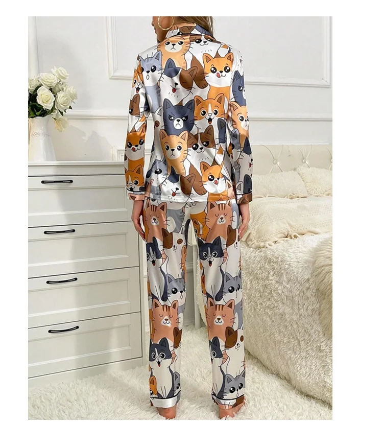 Niedlicher Pyjama mit Katzenmuster für Damen, Satin, langärmelig, Reverskragen, Oberteile und Hosen, Pyjama-Loungewear für Herbst, Damen-Nachtwäsche, Pyjama-Sets – Detail 10