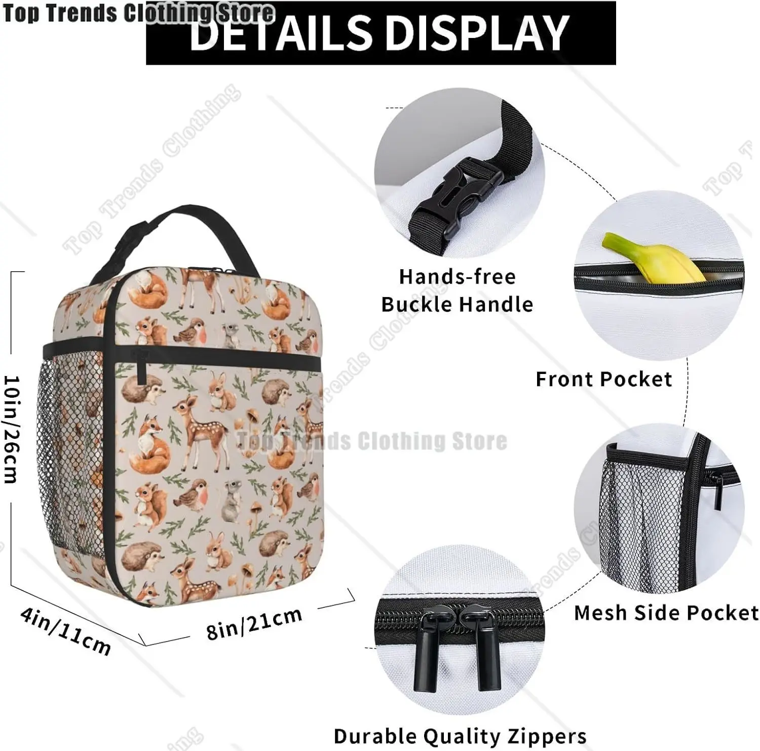 Forest Little Animals Lunch Bag Insulated Portable Reusable Deer Squirrel Fox Hedgehog And Bird Lunch Box With Zipper For Picnic