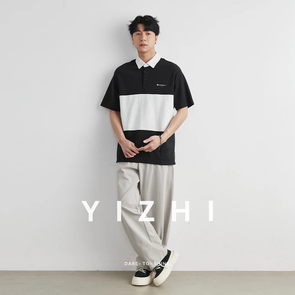2026 Summer New Contrast Color Splicing Polo Shirt Men's Loose Shoulder Style Simple Casual Lapel Short Sleeve T-Shirt