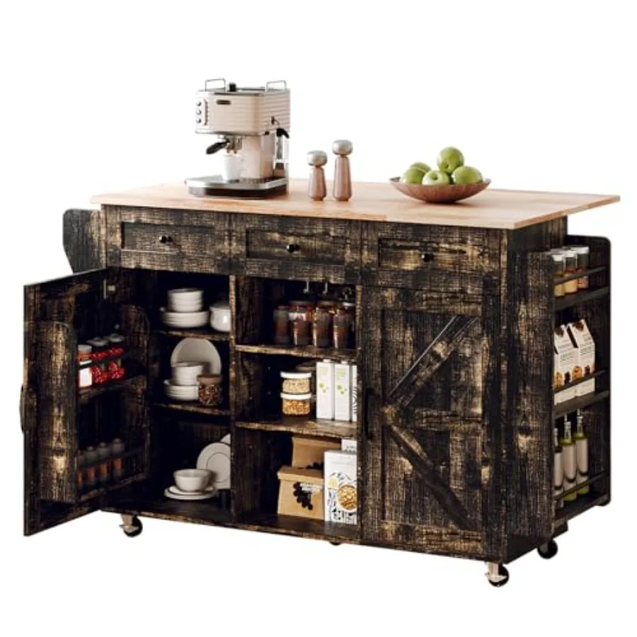 52 W Kitchen Island with Storage and Drop Leaf for modern kitchens, solid wood construction, natural oak finish, space-saving f