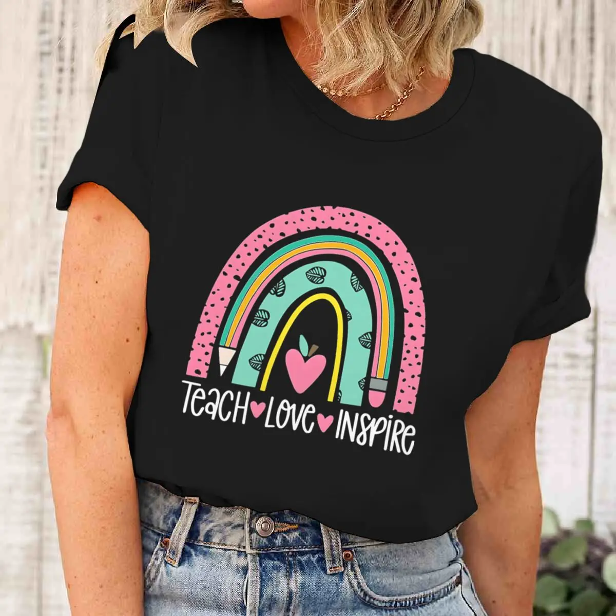 Teach Love Inspire T Shirt Teacher Life Appreciation T-shirt Tops Short Sleeve Tee Teacher Life Casual School Wear Tops & Tees