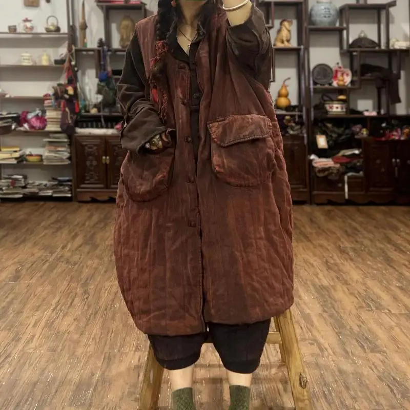 Autumn Winter New Arts Style Women Sleeveless Single Breasted V-neck Long Coats Double Pockets Vintage Thicken Warm Loose Vest