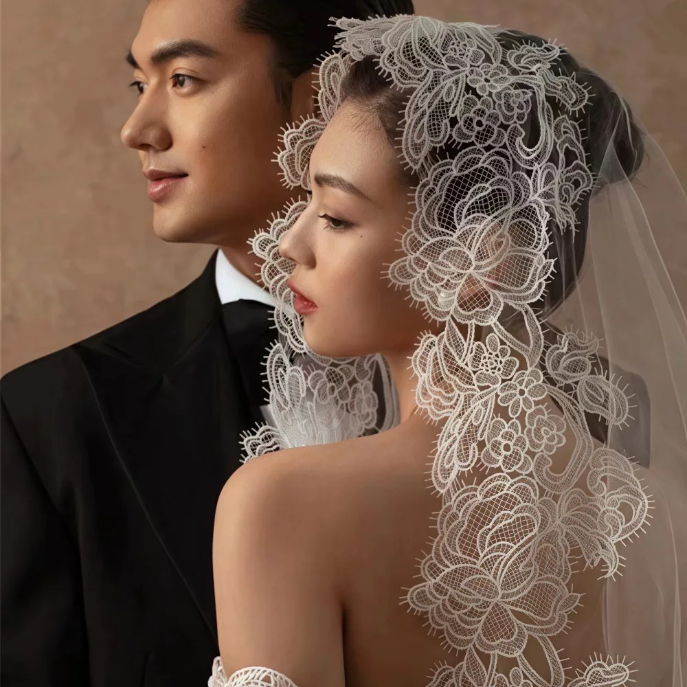 Bridal Veil Vintage Mantilla Lace Trim Tulle Wedding Veil Optional Length 1.8m 2.8m Chapel Floor Wedding Accessories For Bride
