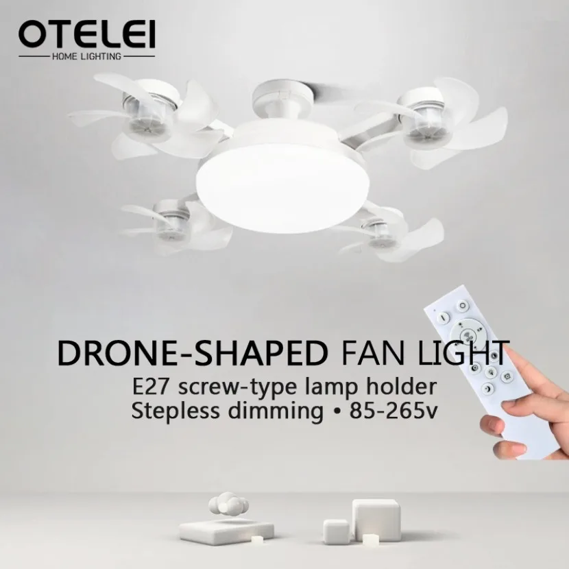 E27 Ceiling Fan Light Creative Drone Shaped LED Fan Lights Remote Control Dimming Silent Living Room Bedroom Home Electric Fans
