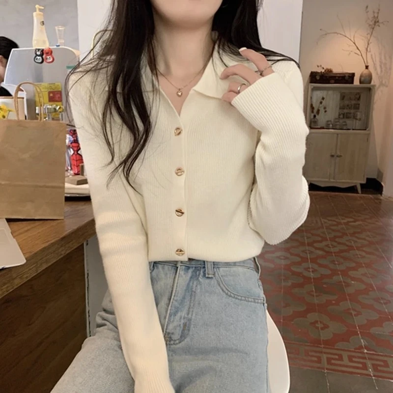 

Women’s Long Sleeve Knit Cardigan Polo Collar Button Front Minimalist Design Fall Fashion Basic Layering Top New Arrival