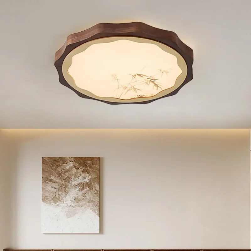 Classical Bamboo Ink Painting Ceiling Light Solid Wood Cloud Shape Flush Mount  Bedroom Living Room Study Dining Home Decor Lamp