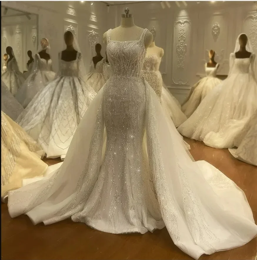 

Роскошное сверкающее кружевное свадебное платье-русалка с блестками для женщин, сексуальное, с квадратным вырезом, со съемной юбкой, бальное, на заказ
