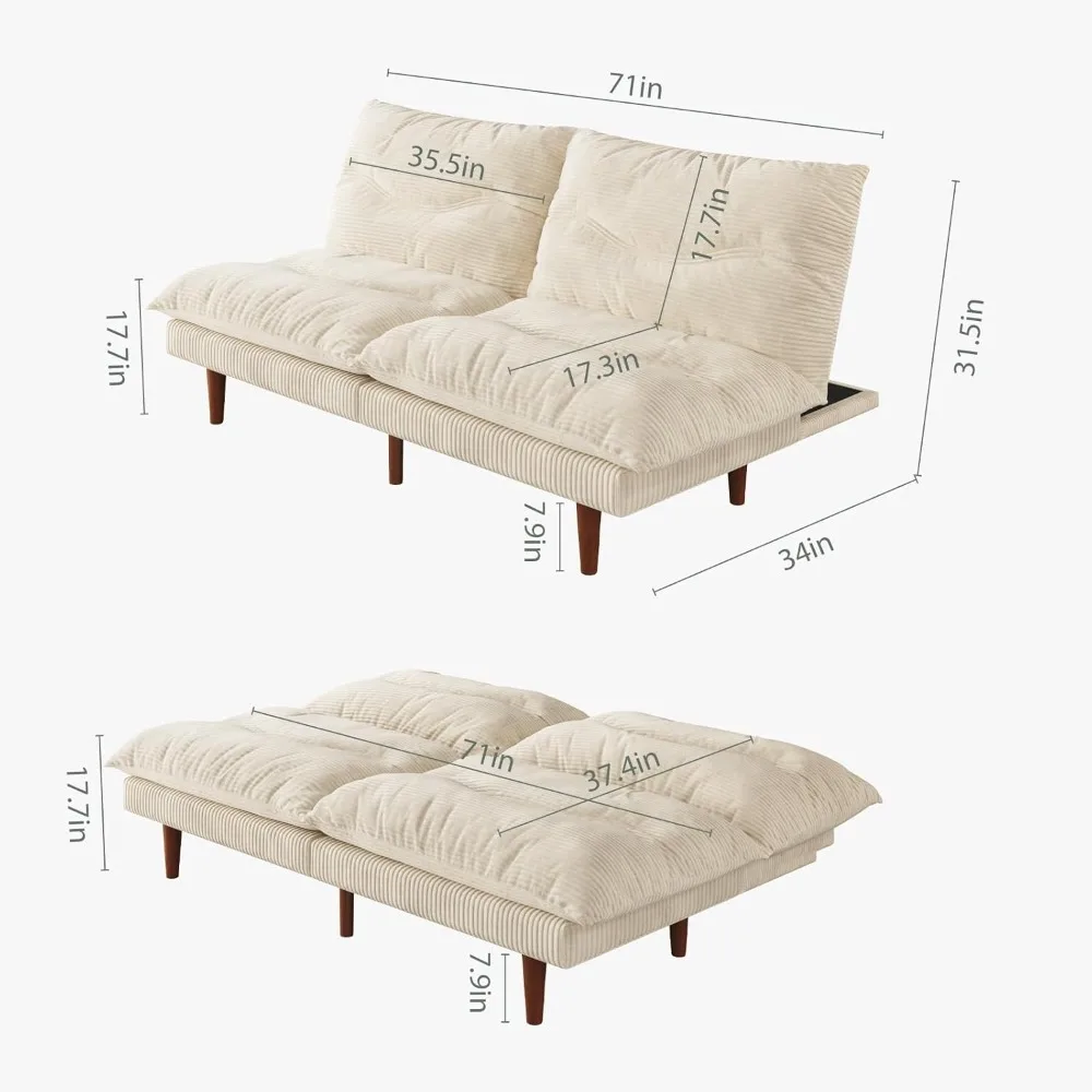 Futon Sofa Bed, 69 inch Futon Couch with Adjustable Backrest, Corduroy Convertible Sleeper Sofa Bed, Folding Sleeper Recliner