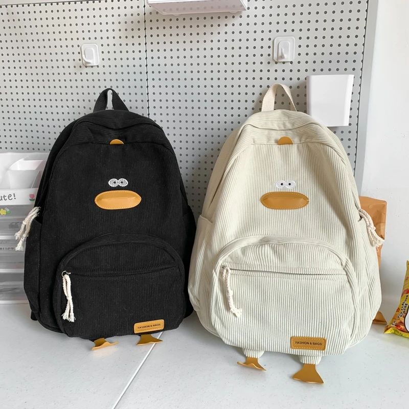 Zaino Cartoon Duck Zaino estetico Kawaii Zaino scolastico multitasche in velluto a coste Zaino da viaggio per ragazze adolescenti Donne