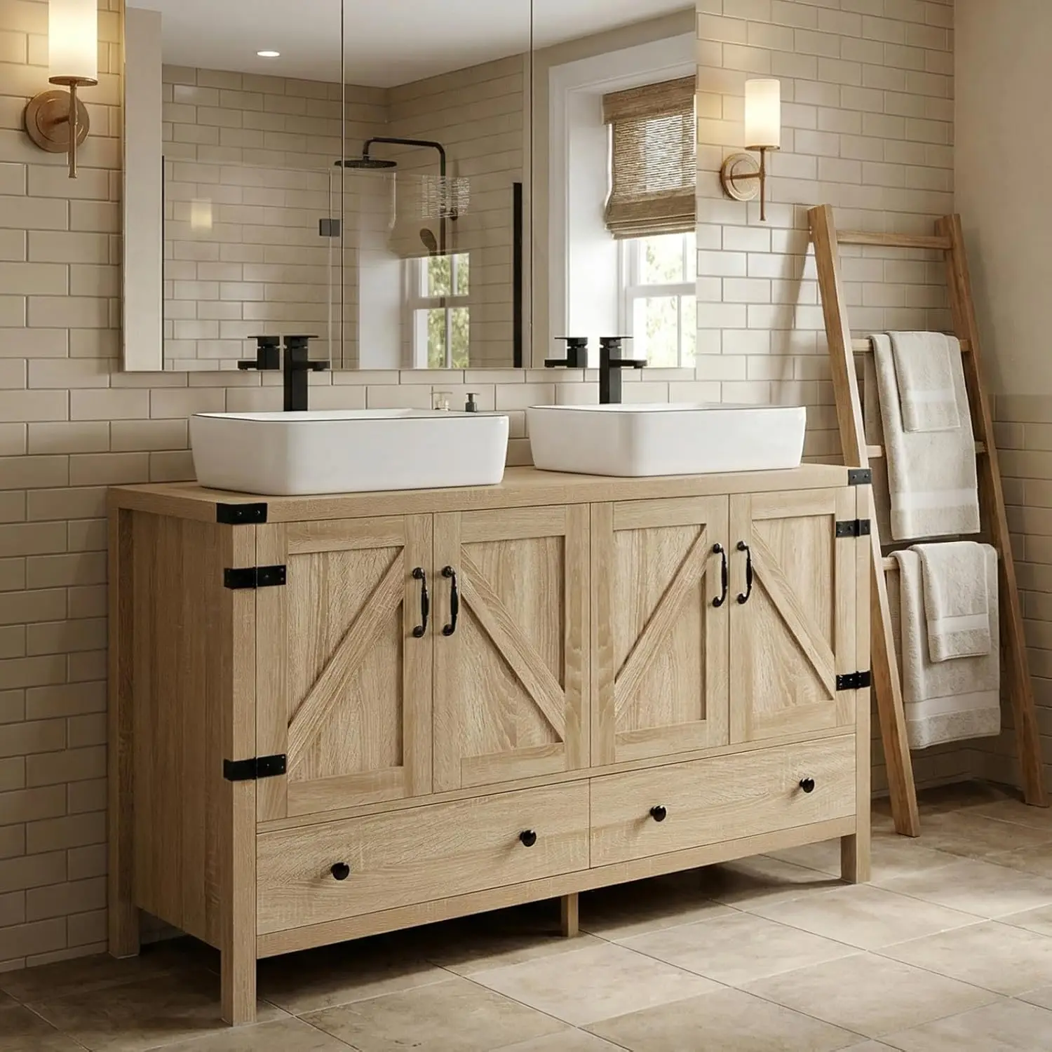 

48in Natural Bathroom Vanity Rustic Pedestal Cabinet Double White Ceramic Vessel Sinks, Customized