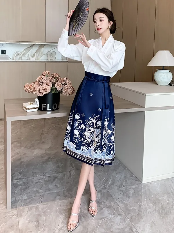 New Chinese Style Improved Horse-Face Skirt for Women 2024 Spring and Summer Daily Commuter Hanfu Skirts Lady Street Outfits