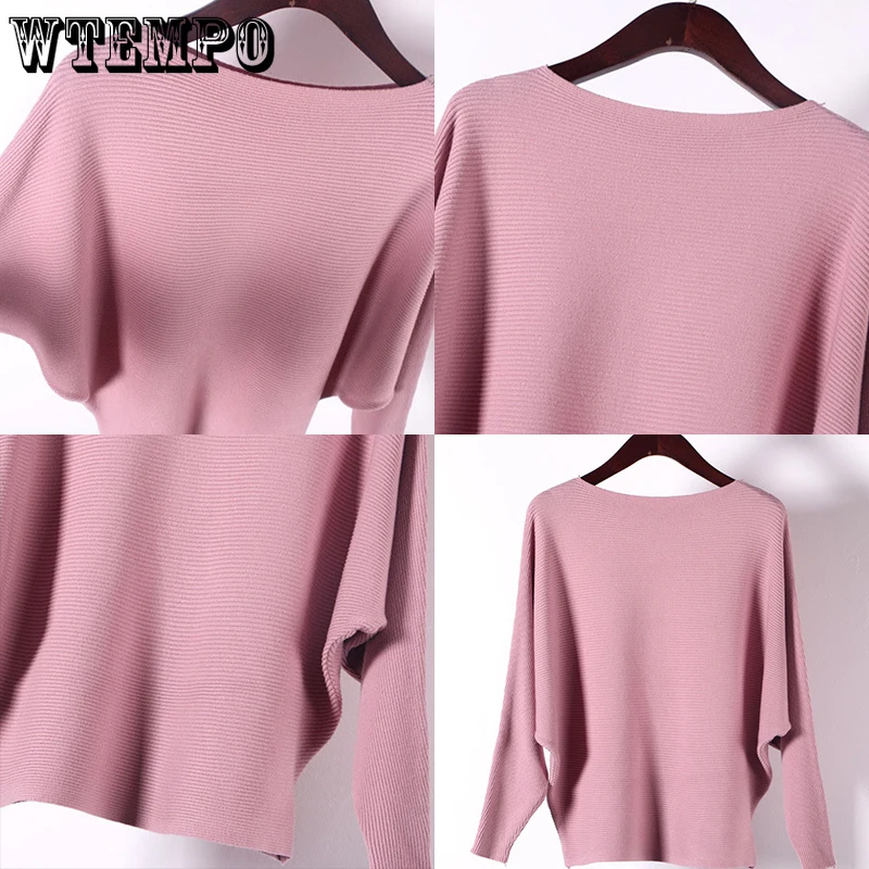 Knitted Sweaters for Women Batwing Sleeve Slash Neck Pullovers Sweater Spring Autumn Solid Knit Tops Female Sweaters Wholesale