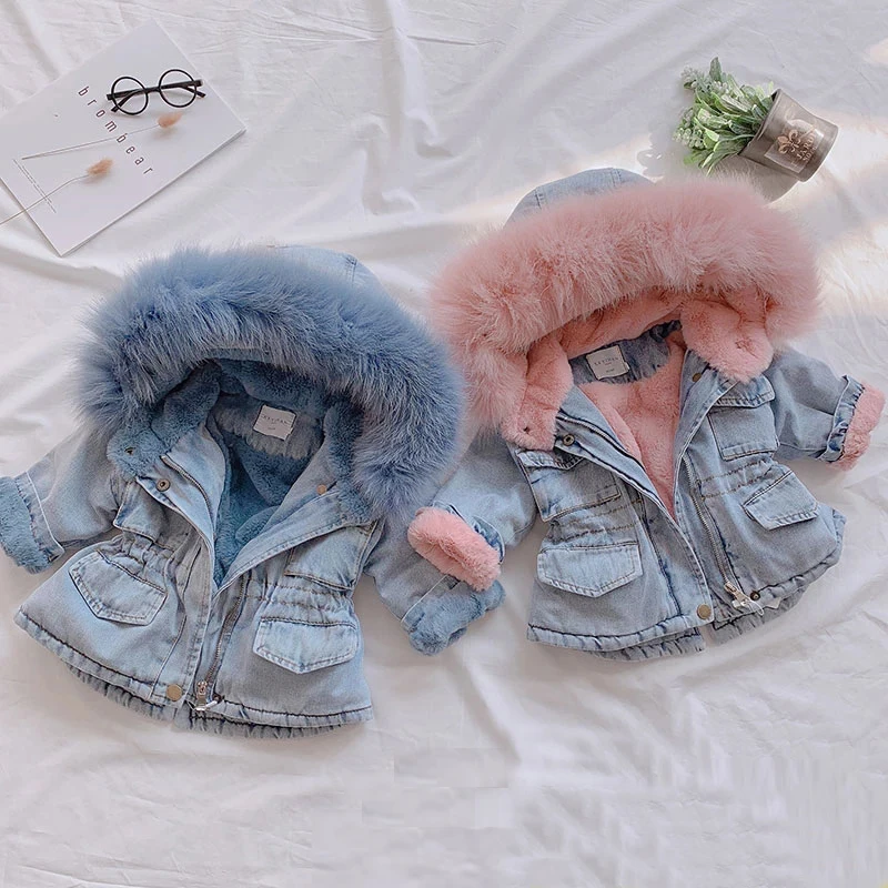 Winter Baby Girl Warm Thick Denim Jacket Fur Hooded Toddler Girl Baby Outerwear Denim Jacket Cotton Kids Boys Parka Children